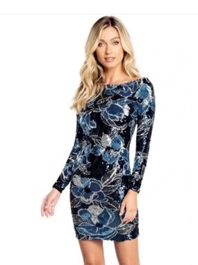 Malia Dress the Population Navy & Silver Sequin Floral Bodycon Dress